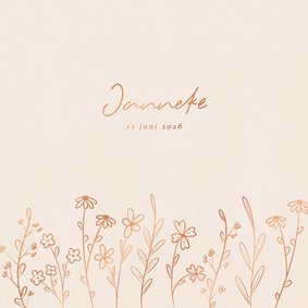 Lieve geboortekaartjes met bloemenveld in koperfolie beige