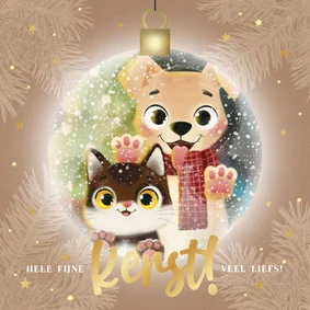 Lieve kerstkaart kerstbal dennentakken met hond en kat