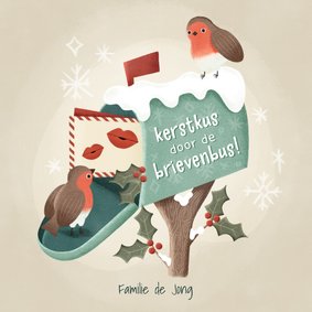 Lieve kerstkaart kerstkus door de brievenbus roodborstjes