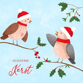 Lieve kerstkaart met illustratie van twee musjes