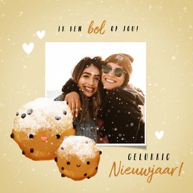 Lieve nieuwjaarskaart met oliebollen foto en hartjes