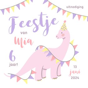 Lieve uitnodiging kinderfeestje met dino voor meisjes pastel