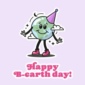 Lila en roze verjaardagskaart met wereldbol happy b-earthday