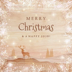 Luxe houtlook kerstkaart zakelijk met rendier in landschap 