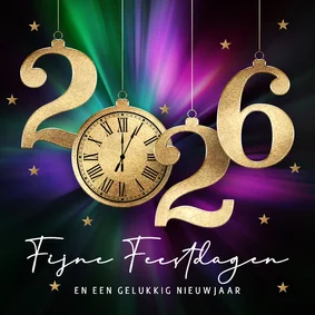 Luxe nieuwjaarskaart 2026 met gouden klok
