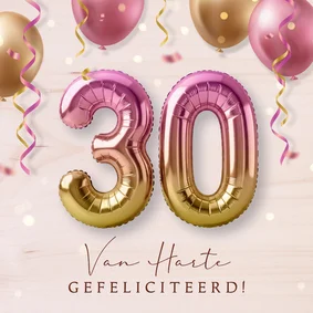 Luxe verjaardagskaart 30 met feestelijke heliumballonnen
