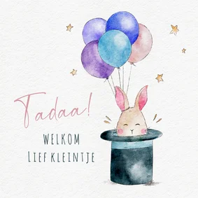 Magische felicitatiekaart met konijntje uit hoed