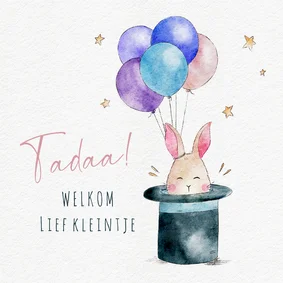 Magische felicitatiekaart met konijntje uit hoed