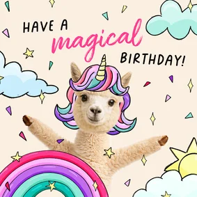 Magische verjaardagskaart met alpaca unicorn