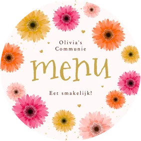 Menukaart cirkel Communie lentefeest gerbera bloemen kleuren