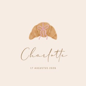 Minimalistisch geboortekaartje croissantje met roze strikje