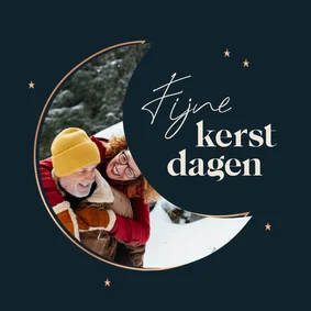 Minimalistisch kerstkaartje met foto in maankader blauw
