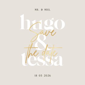 Minimalistische beige save the date met grote datum goud