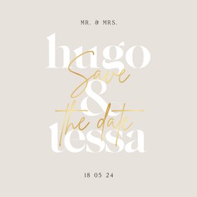 Minimalistische beige save the date met grote datum goud