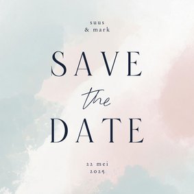 Minimalistische save the date met waterverf blauw roze wit