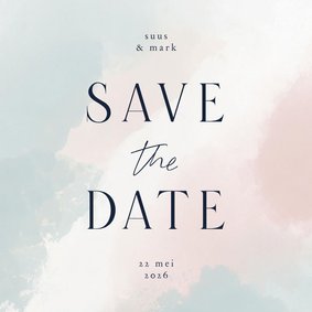 Minimalistische save the date met waterverf blauw roze wit