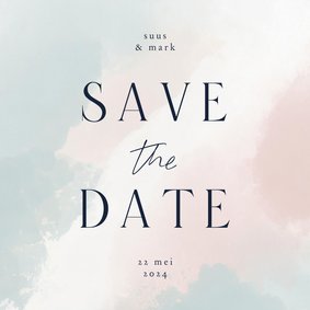 Minimalistische save the date met waterverf blauw roze wit