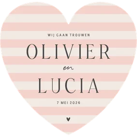 Minimalistische trouwkaart roze beige gestreept in hartvorm