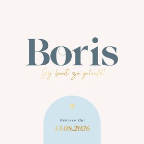 Modern geboortekaartje met blauw boogje en goudfolie