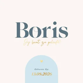 Modern geboortekaartje met blauw boogje en goudfolie