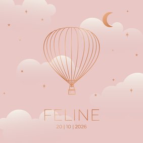 Modern geboortekaartje roze met luchtballon koperfolie