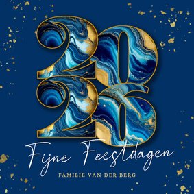 Modern kerstkaartje met marmeren 2026 donker blauw