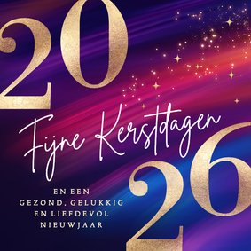 Moderne kerstkaart 2026 met goud en paars