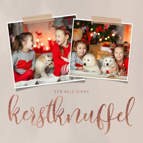 Moderne kerstkaart dikke kerstknuffel en 2 foto's op beige
