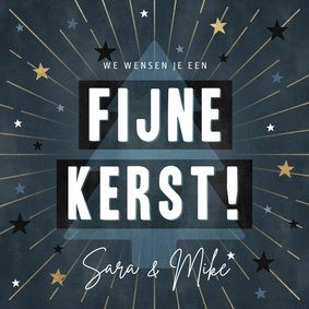 Moderne kerstkaart 'Fijne Kerst!' met sterren en kerstboom