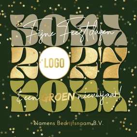 Moderne kerstkaart groen jaartal goud logo sterrenconfetti