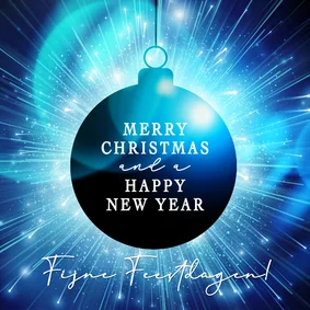 Moderne kerstkaart in blauw met kerstbal en licht