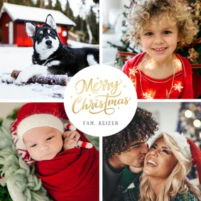 Moderne kerstkaart met 4 eigen foto's en Merry Christmas