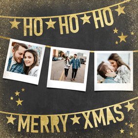 Moderne kerstkaart met gouden slingers en foto's