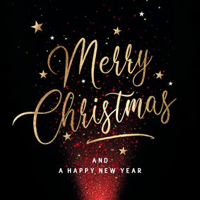 Moderne kerstkaart met rode lichtjes en gouden tekst