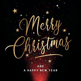 Moderne kerstkaart rode lichtjes en gouden tekst