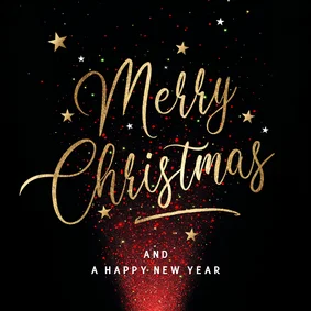 Moderne kerstkaart rode lichtjes en gouden tekst