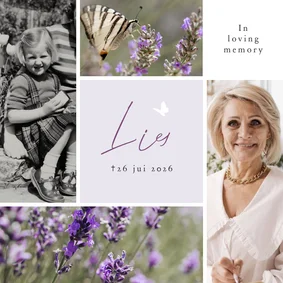 Moderne rouwkaart collage 4 foto's lavendel silhouet vlinder