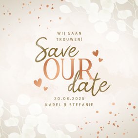 Moderne save the date eucalyptus, koper spetters en hartjes