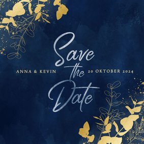 Moderne save the date kaart blauwe waterverf gouden planten