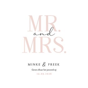 Moderne trouwkaart minimalistisch grafisch mr and mrs roze