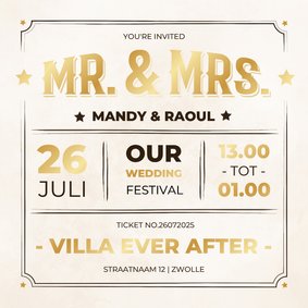 Moderne trouwkaart uitnodiging ticket vintage stijl met goud