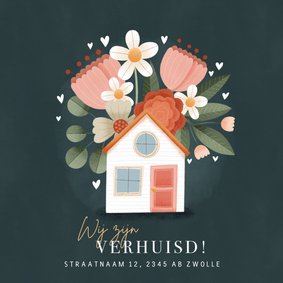 Moderne verhuiskaart planten, bloemen, hartjes en huisje