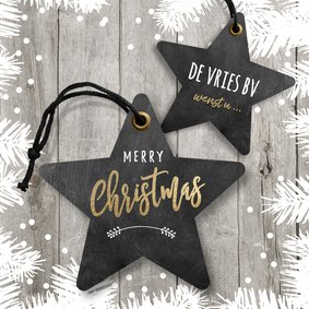 Moderne zakelijke kerstkaart ster labels op hout