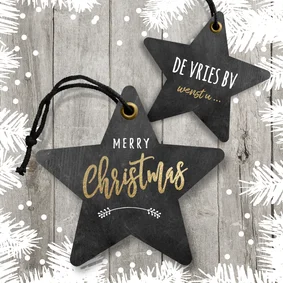 Moderne zakelijke kerstkaart ster labels op hout