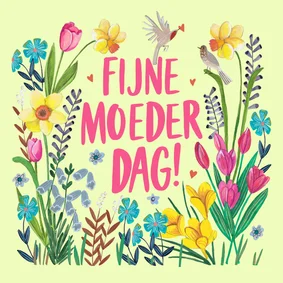 Moederdagkaart bloemen veld illustratie vogels kleurrijk 
