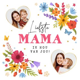 Moederdagkaart bloemen vlinders hartjes liefste mama foto