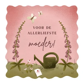 Moederdagkaart met bloemen gieter en bloemzaadjes