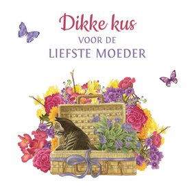 Moederdagkaart met fleurige bloemen en kitten