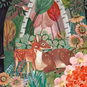 Moederdagkaart met herten in het bos met bloemen