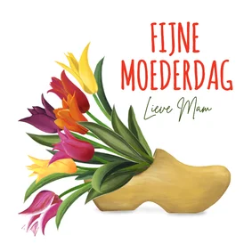 Moederdagkaart met tulpen in een klomp